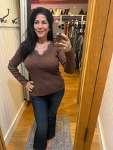 Metallic Ribbed Knit Scallop-neck Top - Brown
