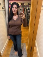 Metallic Ribbed Knit Scallop-neck Top - Brown