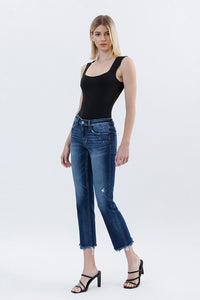 FLYING MONKEY LOW RISE UNEVEN RAW HEM SLIM STRAIGHT JEANS - STUNNED