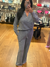 Washed Ribbed Split Neck Long Sleeve Knit Top - Charcoal Or Indigo Blue