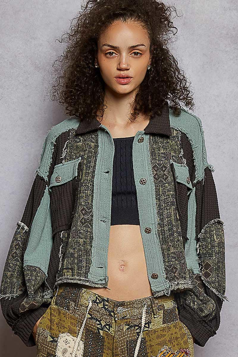 POL Designed in balloon sleeve cropped fit jacket in thermal with paisley pattern contrast -Charcoal/Teal