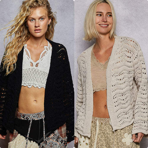 POL Relaxed Fit Open Cardigan In Chenille - Almond or Black