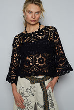 POL Designed in round neck 3/4 sleeve cropped fit top in crochet with various weave knit patterns - Black or Olive