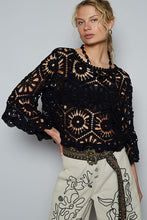 POL Designed in round neck 3/4 sleeve cropped fit top in crochet with various weave knit patterns - Black or Olive
