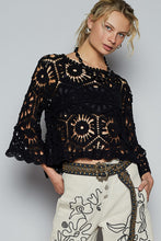 POL Designed in round neck 3/4 sleeve cropped fit top in crochet with various weave knit patterns - Black or Olive