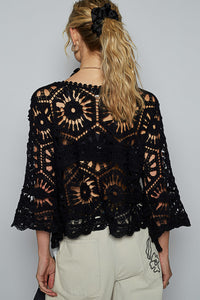 POL Designed in round neck 3/4 sleeve cropped fit top in crochet with various weave knit patterns - Black or Olive