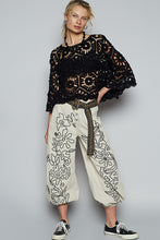 POL Designed in round neck 3/4 sleeve cropped fit top in crochet with various weave knit patterns - Black or Olive