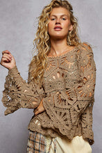 POL Designed in round neck 3/4 sleeve cropped fit top in crochet with various weave knit patterns - Black or Olive