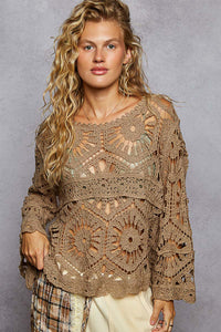 POL Designed in round neck 3/4 sleeve cropped fit top in crochet with various weave knit patterns - Black or Olive