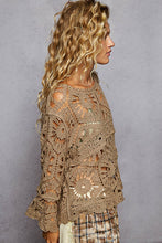 POL Designed in round neck 3/4 sleeve cropped fit top in crochet with various weave knit patterns - Black or Olive