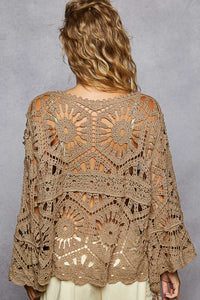 POL Designed in round neck 3/4 sleeve cropped fit top in crochet with various weave knit patterns - Black or Olive