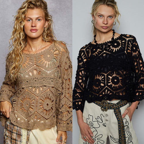 POL Designed in round neck 3/4 sleeve cropped fit top in crochet with various weave knit patterns - Black or Olive