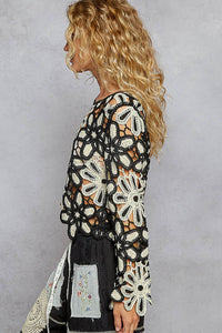 POL Designed in round neck long sleeve regular fit top in crochet with various floral weave knit patterns - Black/Beige