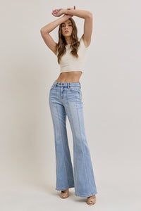 HIDDEN LIGHT WASH MOTO SEAMED STRETCH 33 IN INSEAM FLARE