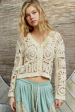 POL Designed in V-neck long sleeve cropped fit cardigan in crochet - Natural or Off White