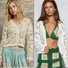 POL Designed in V-neck long sleeve cropped fit cardigan in crochet - Natural or Off White