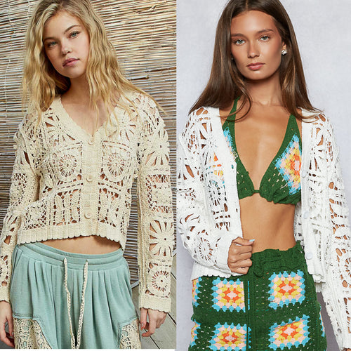 POL Designed in V-neck long sleeve cropped fit cardigan in crochet - Natural or Off White