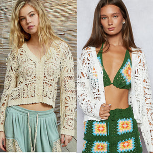 POL Designed in V-neck long sleeve cropped fit cardigan in crochet - Natural or Off White