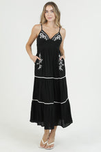 V Neck Tie Back Embroidered Midi Dress With Pockets - Black/Ivory