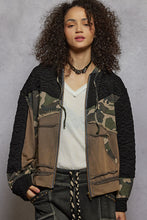 POL Camo print hooded jacket in quilted knit with drawstring - Olive/Charcoal