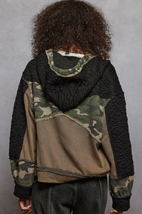 POL Camo print hooded jacket in quilted knit with drawstring - Olive/Charcoal