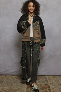 POL Camo print hooded jacket in quilted knit with drawstring - Olive/Charcoal
