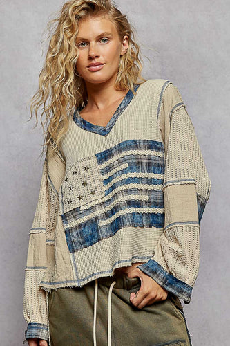 POL Designed in V-neck, balloon sleeve, oversized fit top in thermal with stud and trim detail pointed plaid pattern - Oatmeal