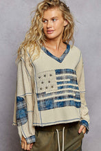 POL Designed in V-neck, balloon sleeve, oversized fit top in thermal with stud and trim detail pointed plaid pattern - Oatmeal
