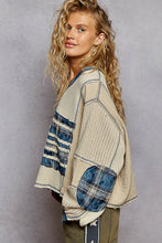 POL Designed in V-neck, balloon sleeve, oversized fit top in thermal with stud and trim detail pointed plaid pattern - Oatmeal