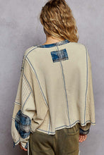 POL Designed in V-neck, balloon sleeve, oversized fit top in thermal with stud and trim detail pointed plaid pattern - Oatmeal