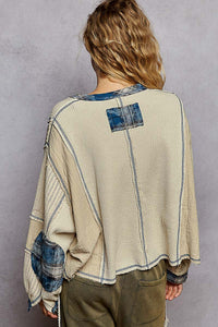 POL Designed in V-neck, balloon sleeve, oversized fit top in thermal with stud and trim detail pointed plaid pattern - Oatmeal
