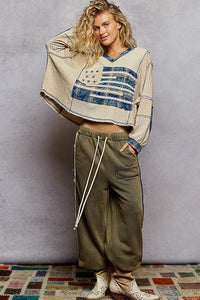 POL Designed in V-neck, balloon sleeve, oversized fit top in thermal with stud and trim detail pointed plaid pattern - Oatmeal