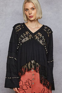POL Designed in V-neck, straight sleeve, A-line fit top in double gauze with lace detail pointed solid pattern - Black or Natural