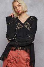 POL Designed in V-neck, straight sleeve, A-line fit top in double gauze with lace detail pointed solid pattern - Black or Natural