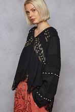 POL Designed in V-neck, straight sleeve, A-line fit top in double gauze with lace detail pointed solid pattern - Black or Natural