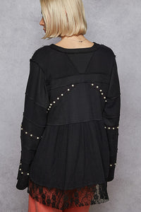 POL Designed in V-neck, straight sleeve, A-line fit top in double gauze with lace detail pointed solid pattern - Black or Natural