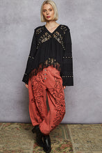 POL Designed in V-neck, straight sleeve, A-line fit top in double gauze with lace detail pointed solid pattern - Black or Natural