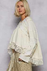 POL Designed in V-neck, straight sleeve, A-line fit top in double gauze with lace detail pointed solid pattern - Black or Natural