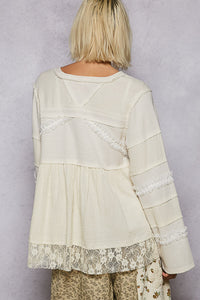 POL Designed in V-neck, straight sleeve, A-line fit top in double gauze with lace detail pointed solid pattern - Black or Natural