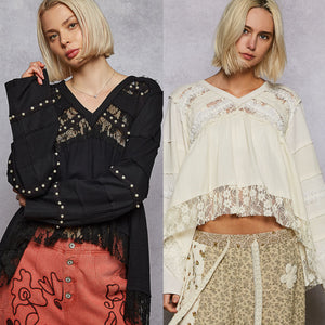 POL Designed in V-neck, straight sleeve, A-line fit top in double gauze with lace detail pointed solid pattern - Black or Natural
