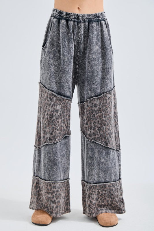 Mineral washed Leopard Asymmetrical Tier Pants - Ashed Black