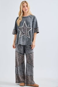 Mineral washed Leopard Asymmetrical Tier Pants - Ashed Black