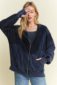 Mineral wash Thumbhole Hoodie Zipper Up Jacket - Ashed Black Or Navy