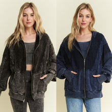 Mineral wash Thumbhole Hoodie Zipper Up Jacket - Ashed Black Or Navy