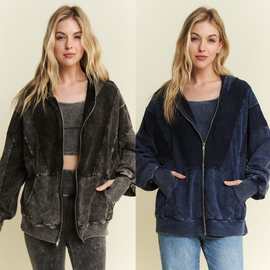 Mineral wash Thumbhole Hoodie Zipper Up Jacket - Ashed Black Or Navy