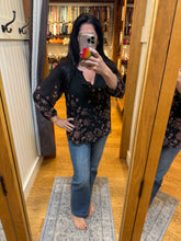 Floral Raglan Button Down Blouse - Black/Dusty Rose