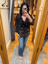 Floral Raglan Button Down Blouse - Black/Dusty Rose