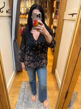 Floral Raglan Button Down Blouse - Black/Dusty Rose