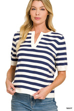 SPLIT NECK STRIPE SHORT SLEEVE SWEATER - NAVY