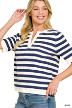 SPLIT NECK STRIPE SHORT SLEEVE SWEATER - NAVY